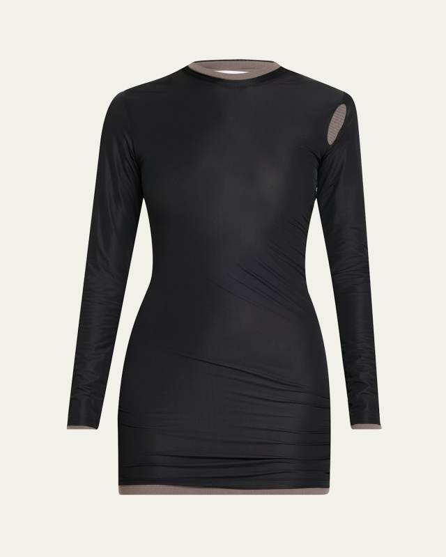 Sheer Overlay Peephole Rib Mini Dress